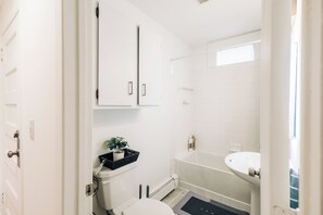 Hair dryer, towels, soap, shampoo