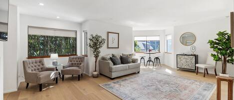 Smart TV, fireplace, books