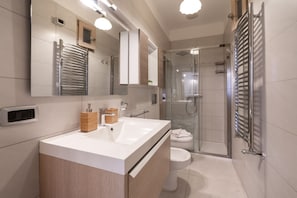 Shower, hair dryer, bidet, towels