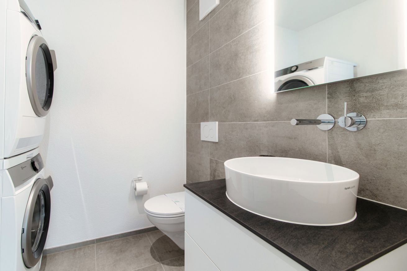 Un baño moderno con lavadora incorporada, un inodoro y un lavamanos grande con espejo.