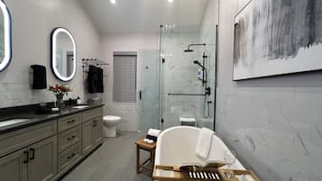 Hair dryer, towels, soap, shampoo