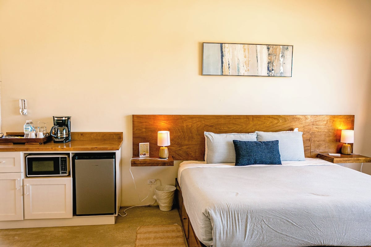 Quarto de hotel com cama, mesas de cabeceira, micro-ondas, cafeteira, lixeira e um quadro na parede.
