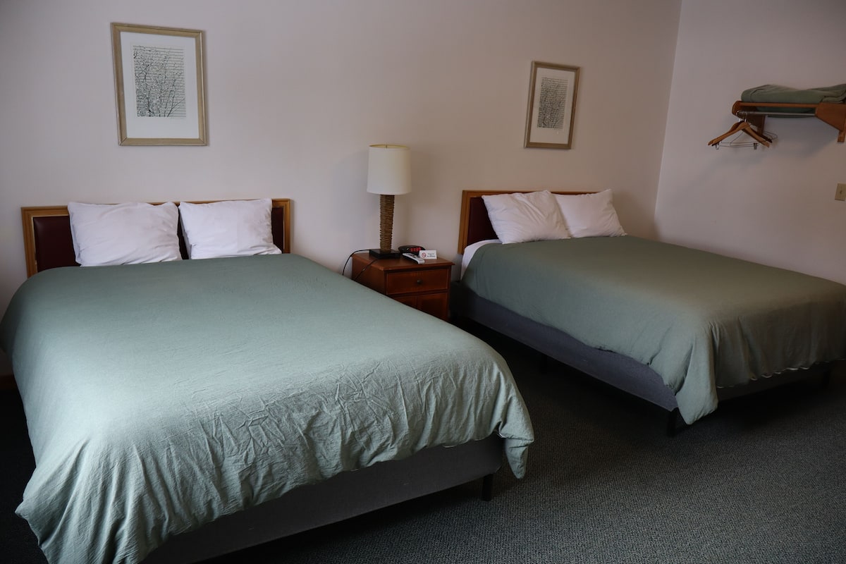 A hotel room with two single beds, a bedside table with a lamp, and a wall-mounted shelf with a hanger.