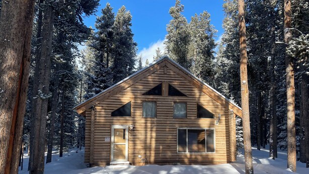 A log cabin surrounded by snow-covered trees. - Bear Lodge Resort (Dayton)