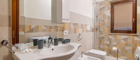 Shower, hair dryer, bidet, towels