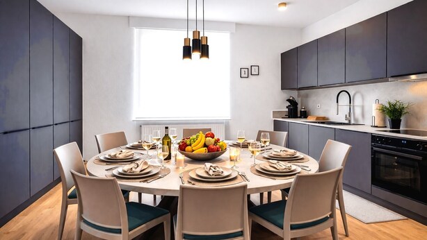 A modern dining area with a round table set for six, surrounded by chairs with teal cushions. - Spacious Design Retreat for Groups & Families (Stuttgart)