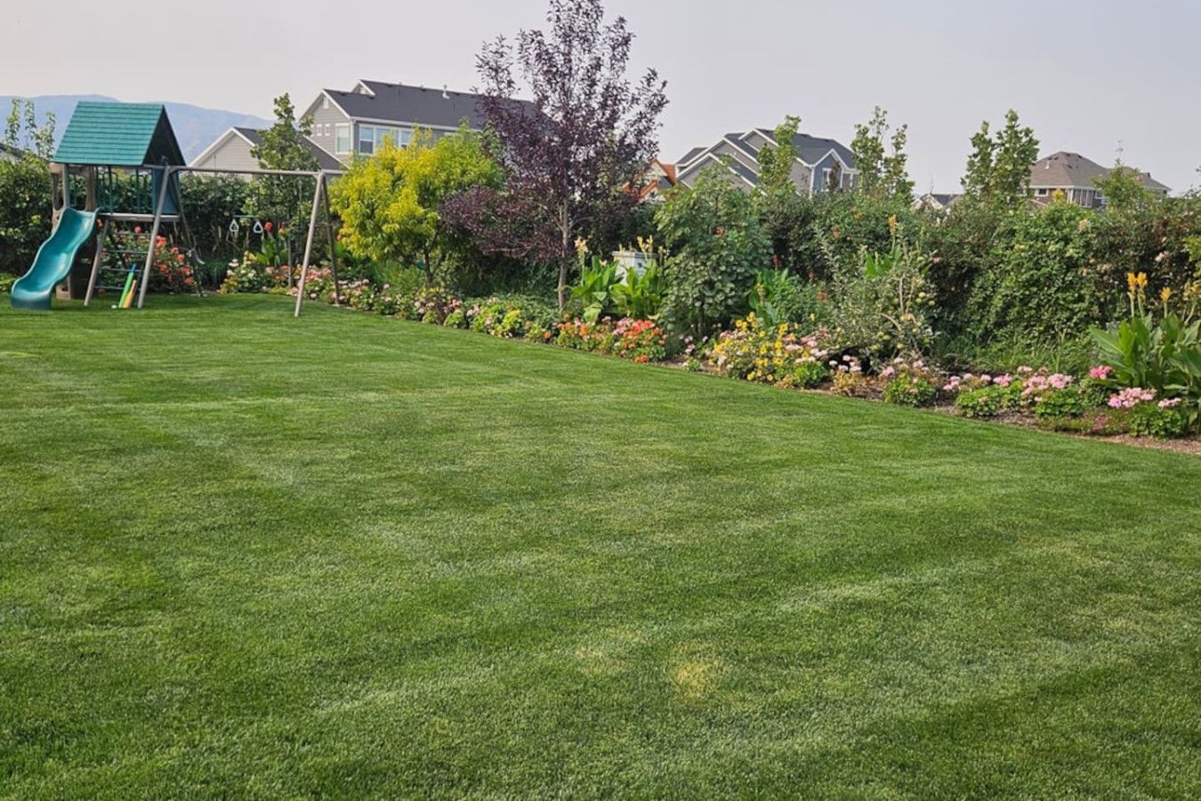 A well-maintained lawn with a children's play area and a variety of flowering plants.