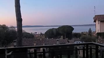 A balcony with a view of a tree, a building, and a body of water.