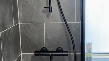Combined shower/bathtub, hair dryer, towels