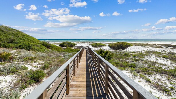 A wooden boardwalk leading to a beach with dunes and sparse vegetation. - 30A Luxury-5 Bed/Sleeps 12-Bikes-Golf Cart-Pools-Tennis/Pickleball Beach Service (Santa Rosa Beach)