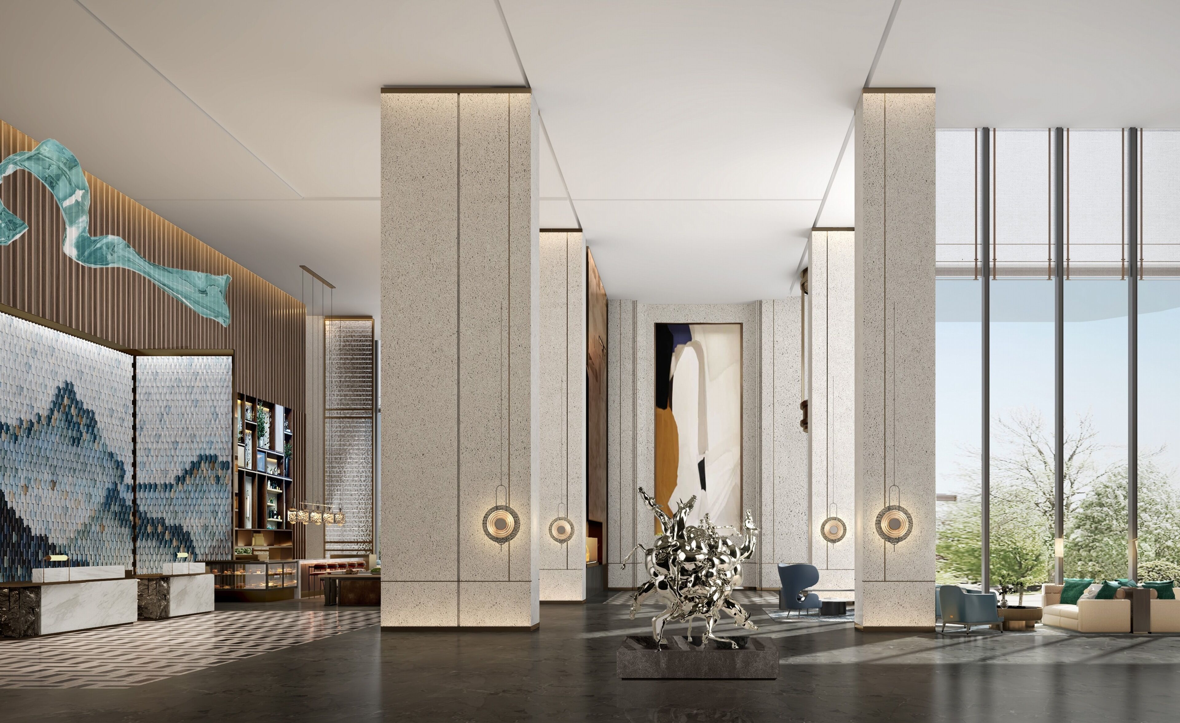 A spacious lobby with a large sculpture, modern furniture, and a view of the outdoors.