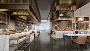 A modern restaurant interior with high ceilings, exposed beams, and a central serving area. - Cordis, Xuzhou (Xuzhou)