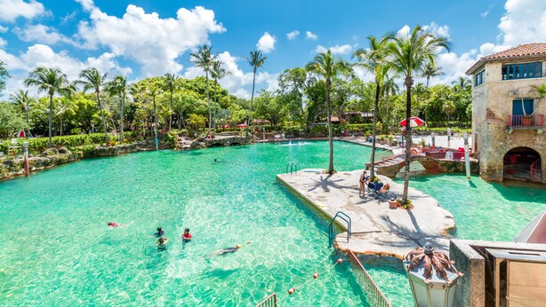 A large outdoor swimming pool surrounded by palm trees and a stone building with a balcony.