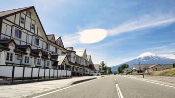 A row of traditional European-style buildings with a clear view of a snow-capped mountain in the background.