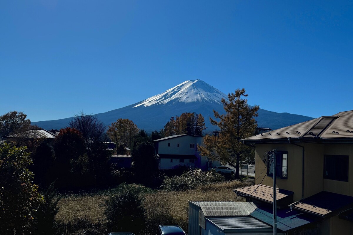 Un quartier résidentiel avec des maisons, un ciel dégagé et une montagne enneigée en arri ère-plan.