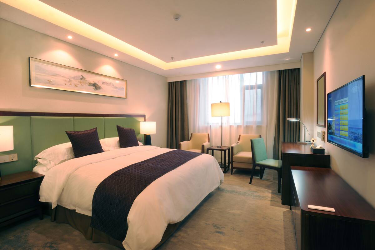 A hotel room with a large bed, a desk, a chair, a TV, and a window with curtains.