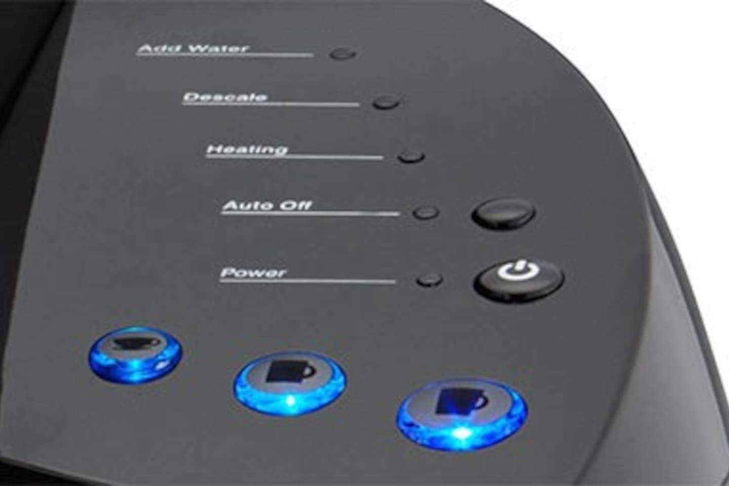 Panel de control con botones etiquetados como 'Auto Agua', 'Descalcificación', 'Calefacción', 'Apagado Automático' y 'Encendido'.