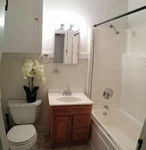A bathroom with a toilet, sink, vanity, and shower.