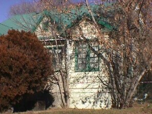 A house with a green roof and a window with a green frame.