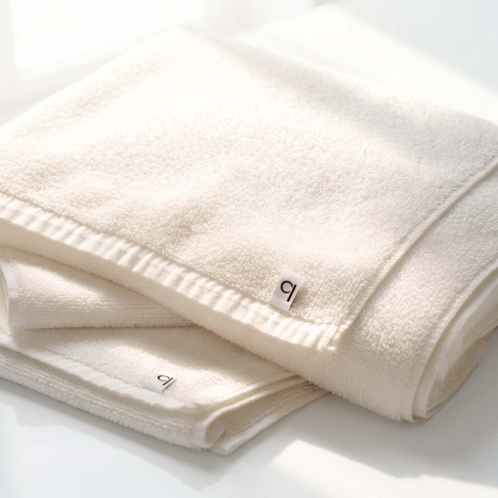 A folded white towel with a tag.
