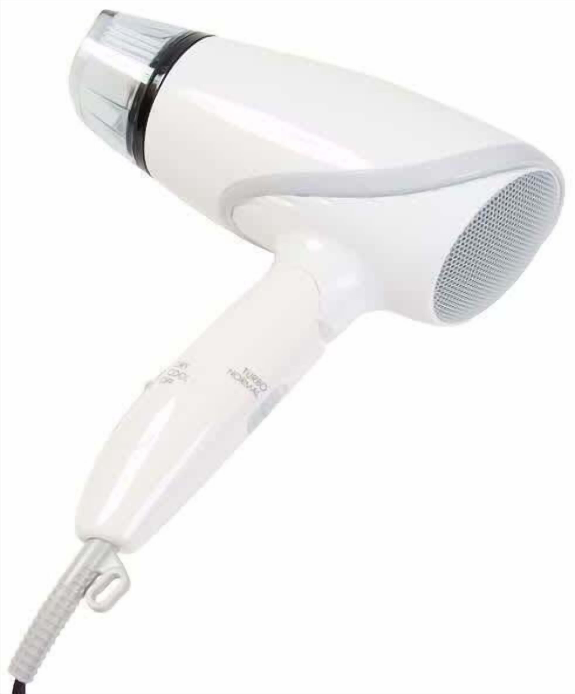 A white hair dryer with a cord and a power switch.
