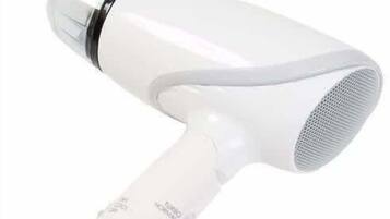 A white hair dryer with a cord and a power switch.