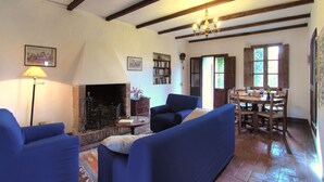 A cozy living room with blue sofas, a fireplace, a bookshelf, and a dining area with a table and chairs. - Castello di Montalto - Casa di Giocche (Castelnuovo Berardenga)