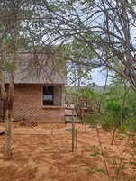 Un edificio rústico de ladrillo con techo de paja, rodeado por un patio de tierra y vegetación escasa.