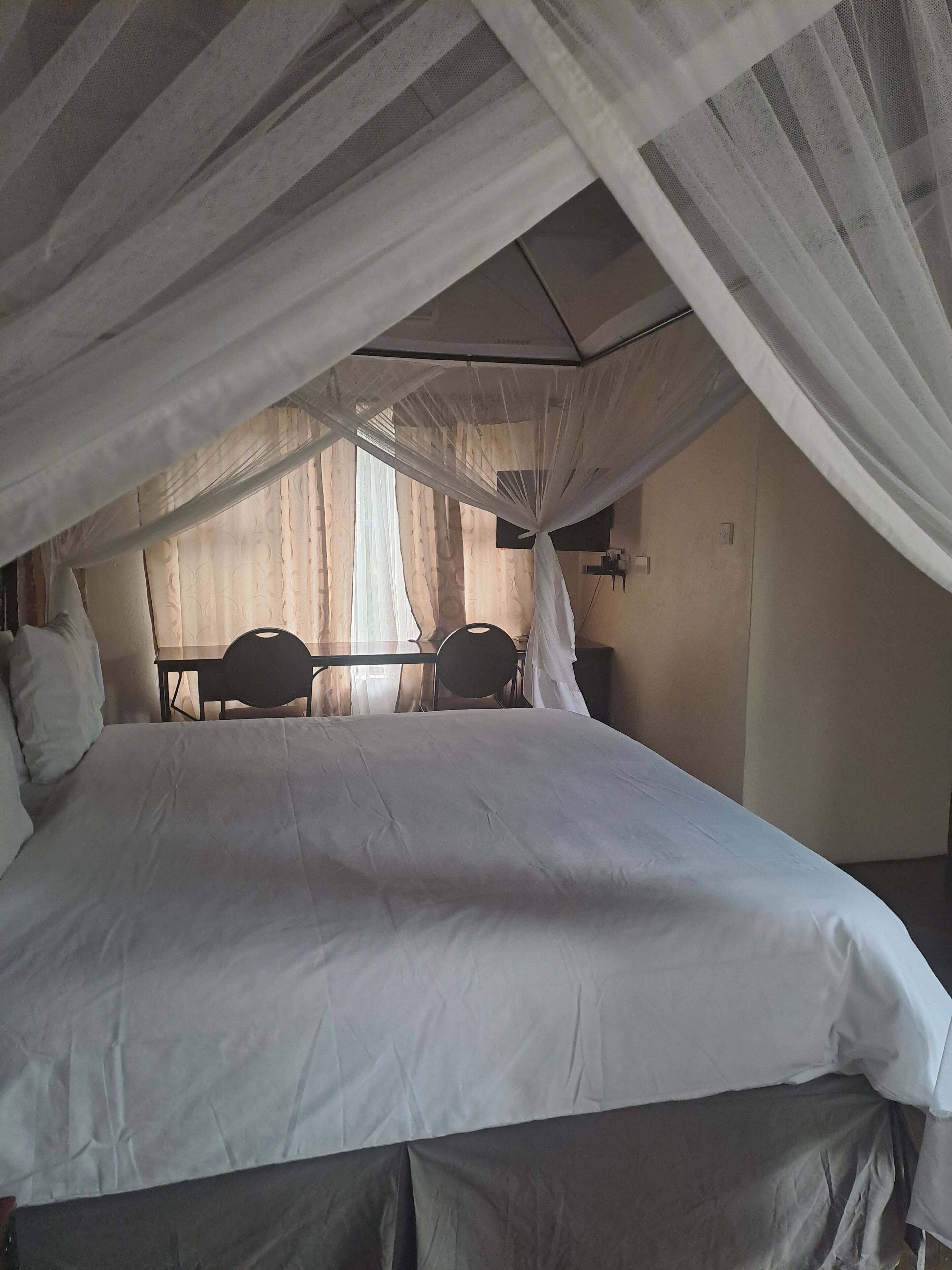 A room with a bed, a desk, and a chair.