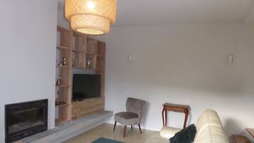 Una televisión, una chimenea