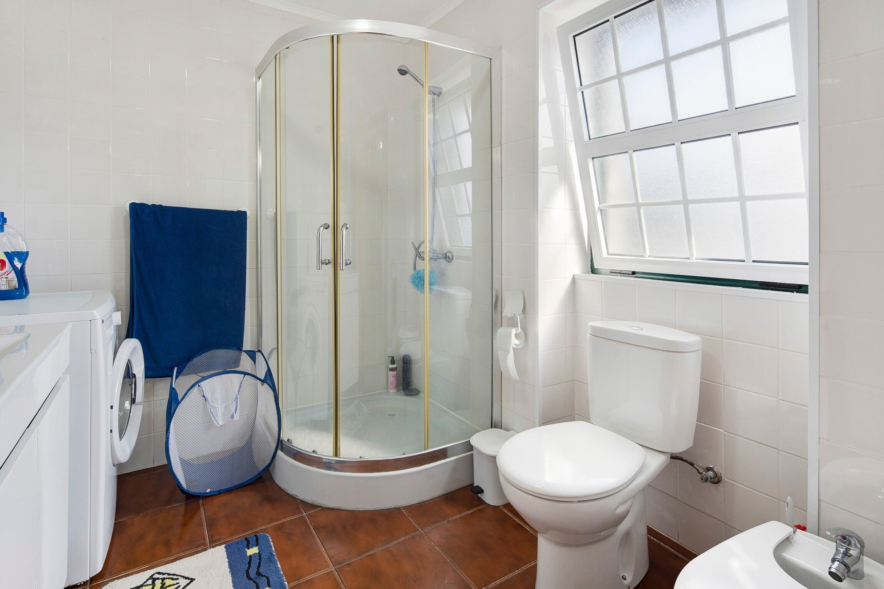 Ein Badezimmer mit Duschkabine, Toilette, Waschbecken und Waschmaschine.