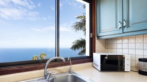 Une cuisine équipée d’un évier en acier inoxydable, d’un four à micro-ondes blanc et offrant une vue sur l’océan.