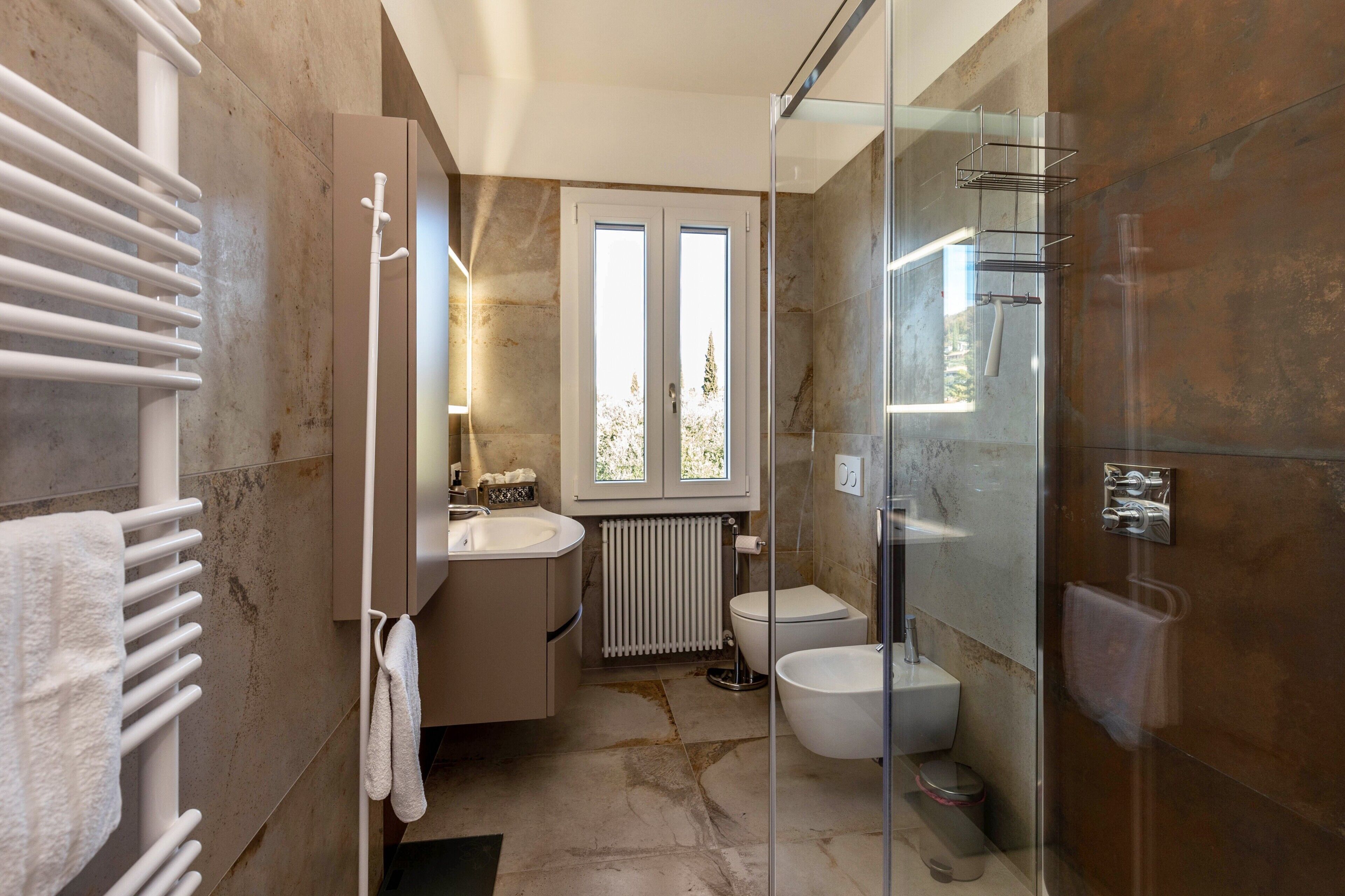 Shower, hair dryer, towels