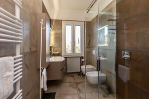 Shower, hair dryer, towels