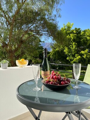 Een glazen tafel met een fles wijn, een schaal druiven en twee wijnglazen op een balkon met uitzicht op bomen en bergen.