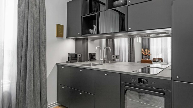 A modern kitchen with a built-in oven, a sink, and a stainless steel countertop. - Backyard Stylish Studio for 2 - Excellent Location (Reykjavík)