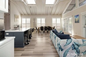 TV, fireplace, books, offices