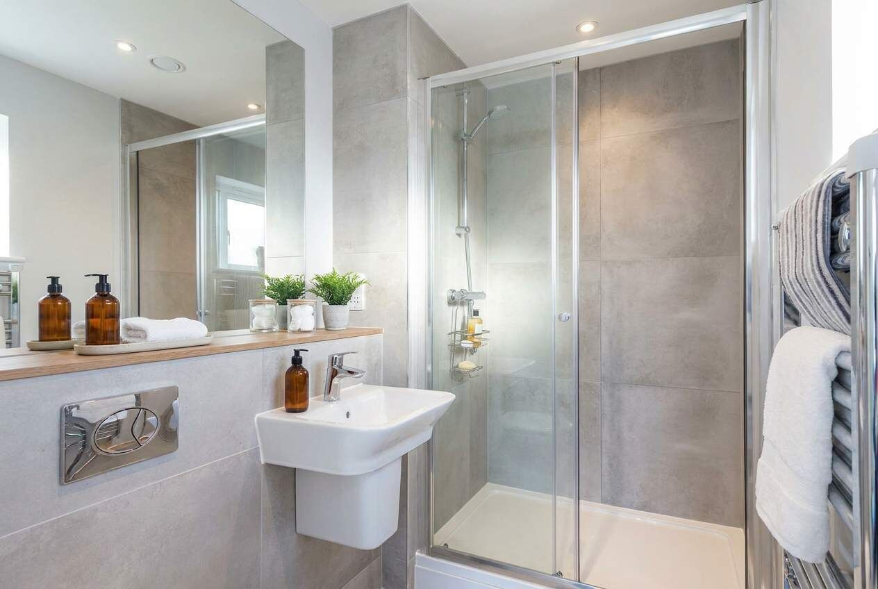 Shower, hair dryer, towels, shampoo