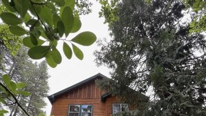 Une cabane en bois à deux étages, dotée d’un balcon et entourée d’arbres.