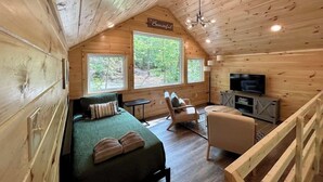 A cozy cabin with a loft bed, a TV, and a small seating area.