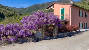 Un bâtiment à deux étages, doté d’un mur en pierre et d’un arbre à fleurs violettes devant.