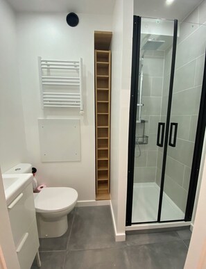 Douche, serviettes fournies, papier toilette