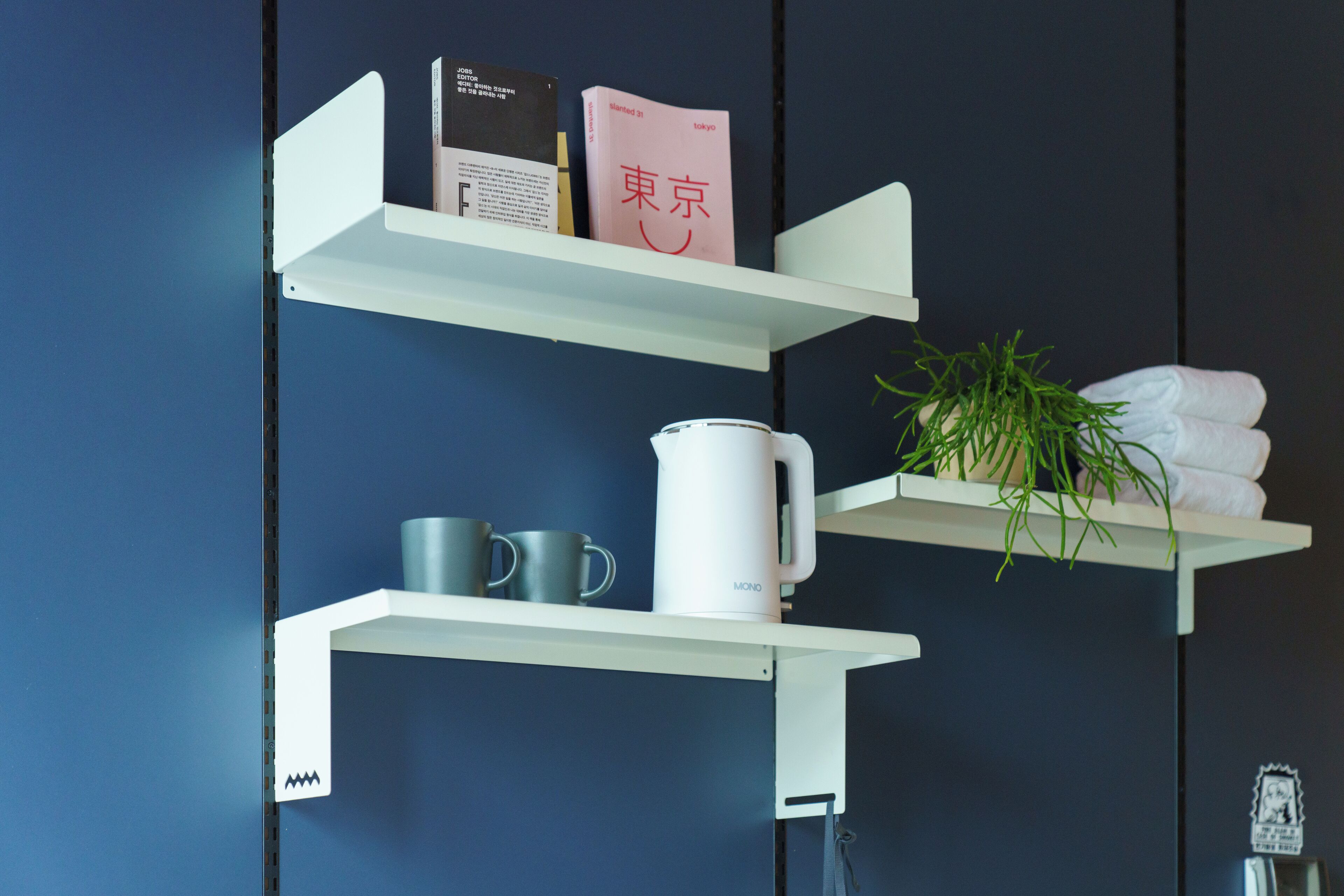 A shelf with a book, a kettle, and a plant.