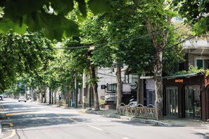 A street lined with trees, a bar, and a building with a sign that reads 'Heilung.'