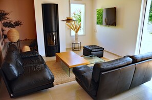 Smart TV, caminetto, libri