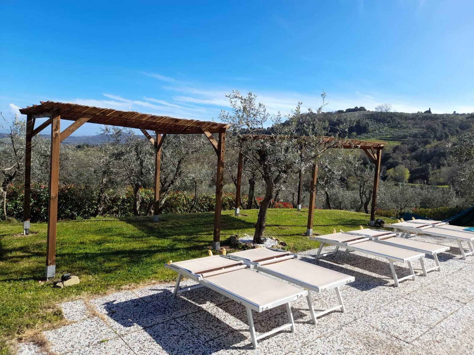 Seasonal outdoor pool, pool umbrellas, pool loungers