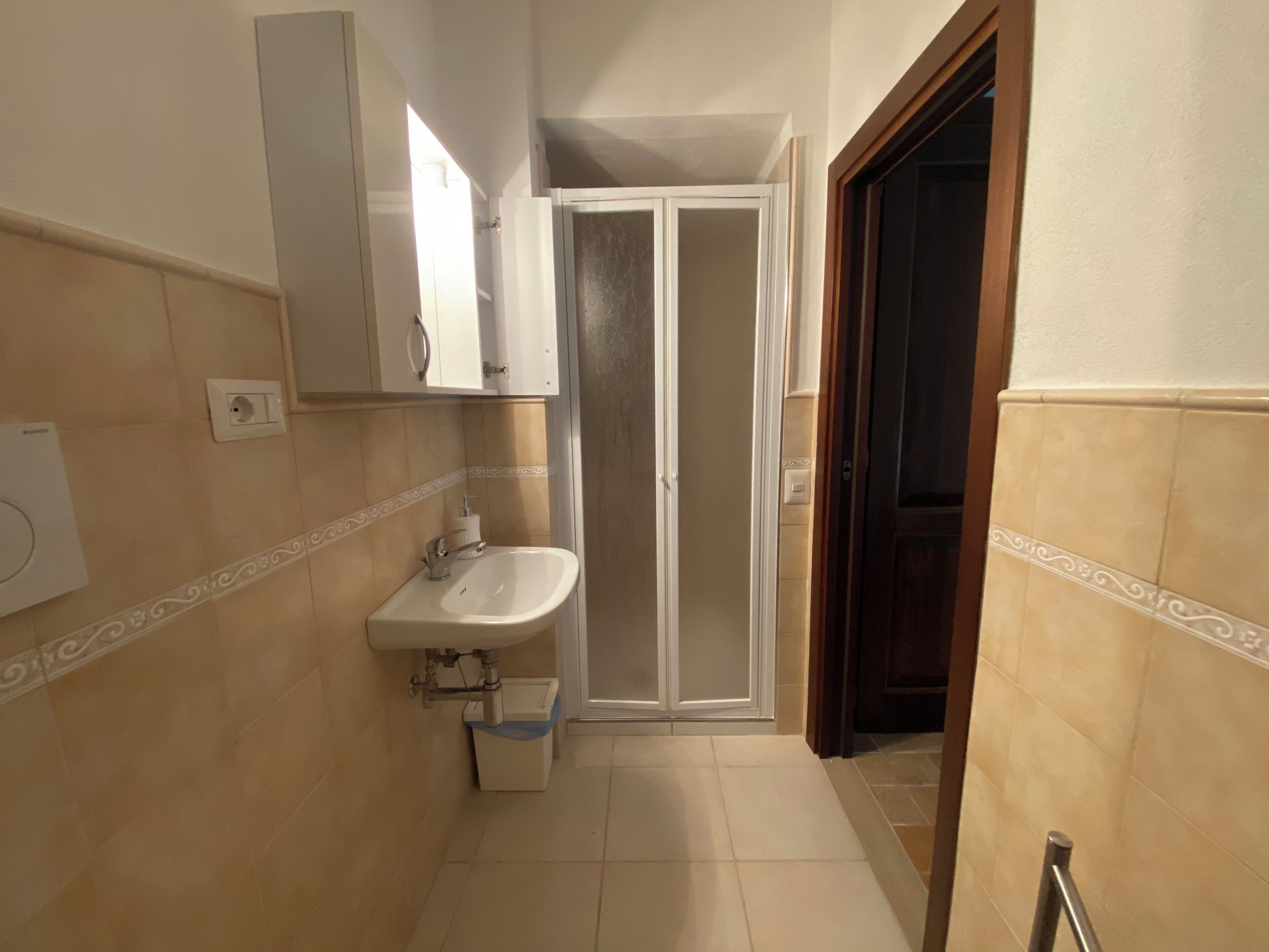 Une petite salle de bain avec un lavabo blanc, un miroir et une porte de douche.