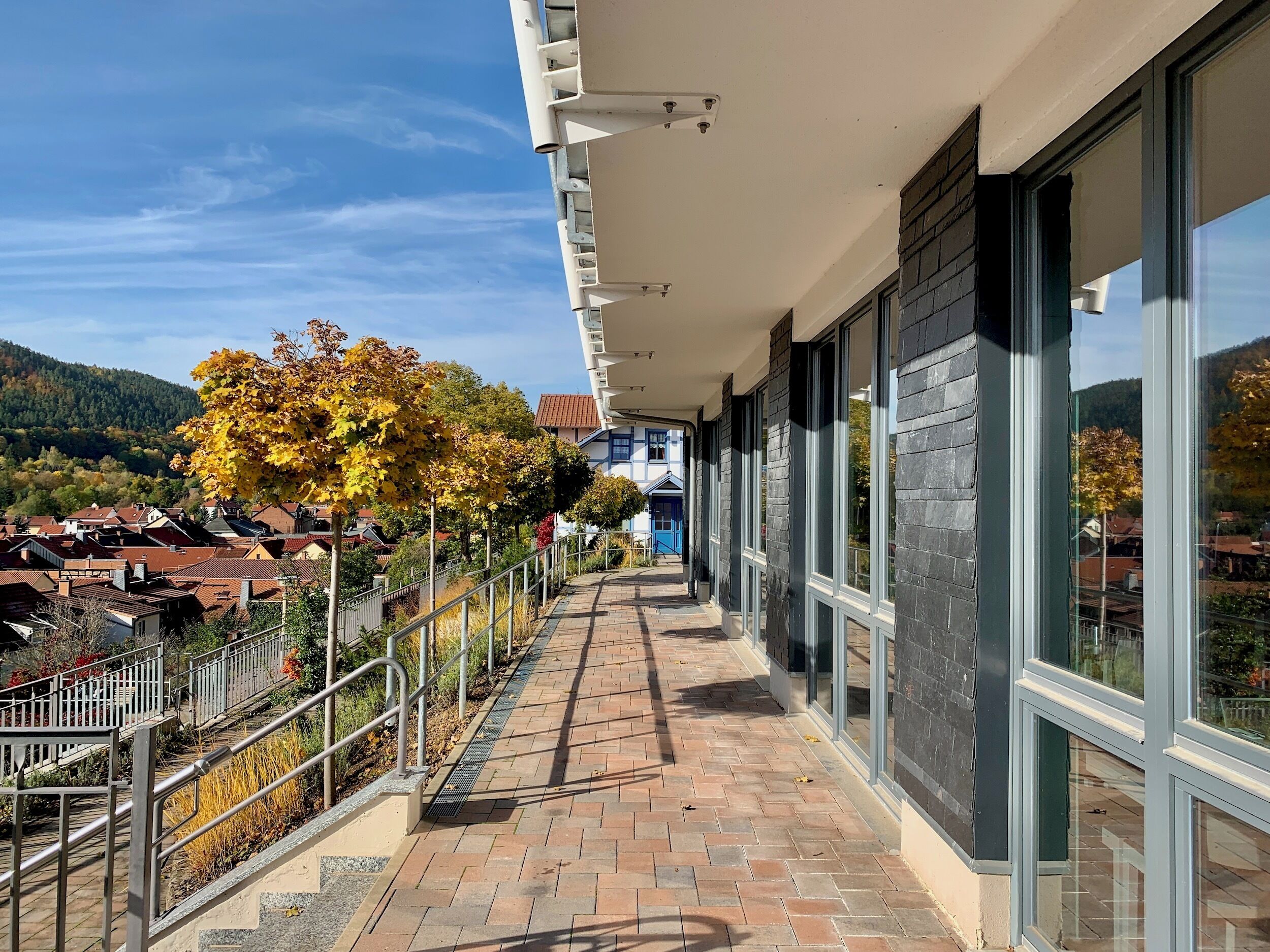 Uma varanda com caminho de tijolos, guarda-corpo de metal e grandes janelas com vista para uma área residencial com folhagem de outono.