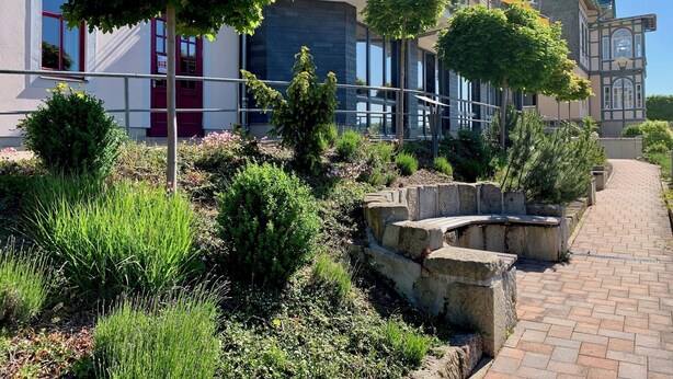 Un edificio de diseño moderno, con fachadas de vidrio y piedra, una escalera central y un jardín ajardinado con arbustos variados y un pequeño árbol.