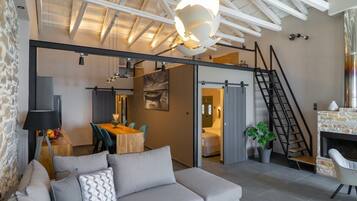 Télévision, cheminée, espaces bureaux